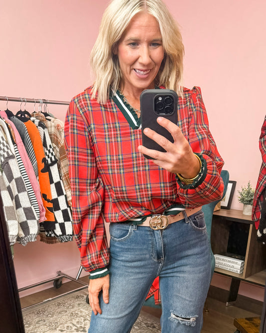 Christmas Plaid V Neck Collared Top | BIBI *LA LIVE PREORDER