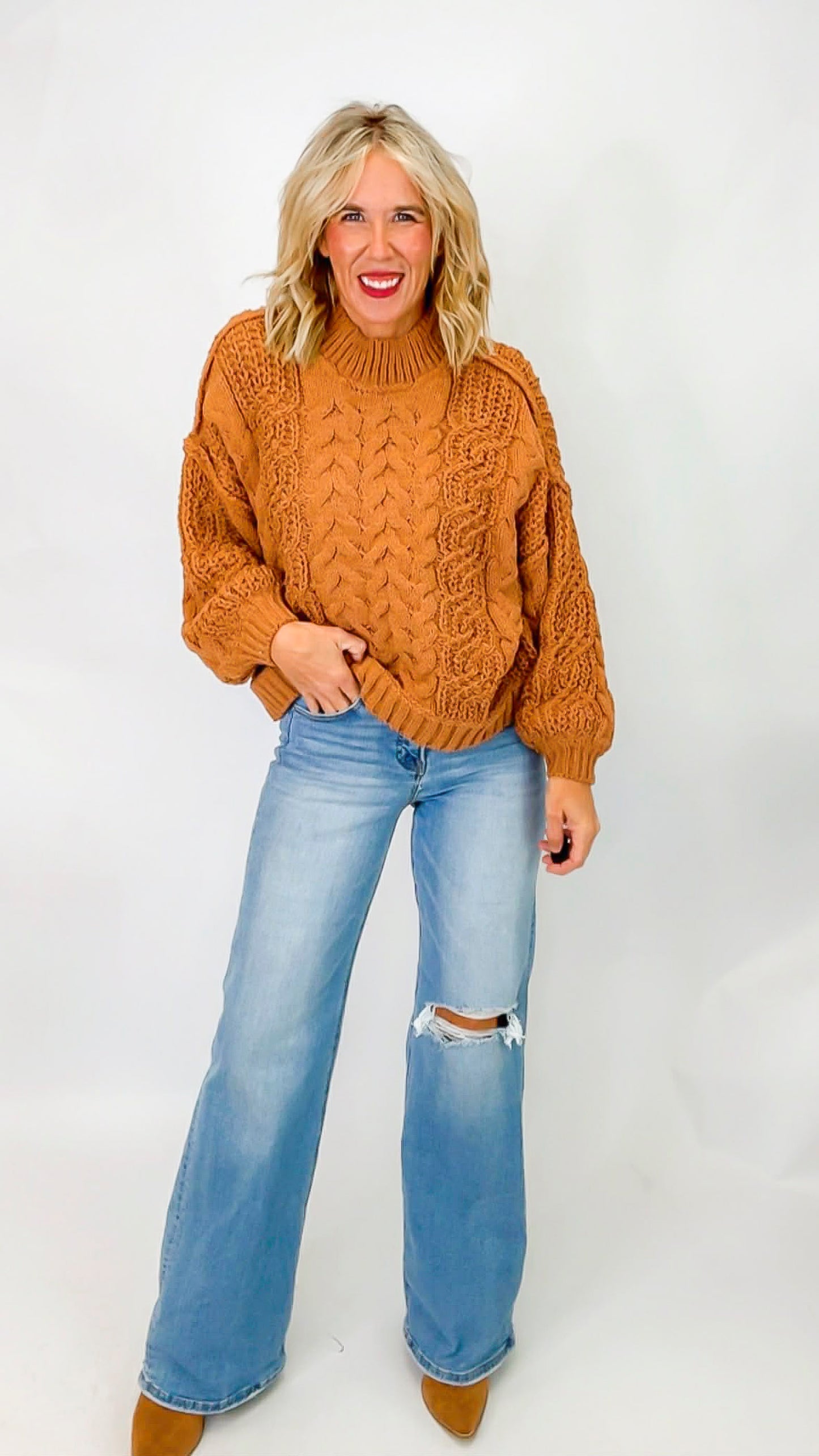 Burnt Topez Mock Neck Balloon Sleeve Cable Knit Sweater | POL