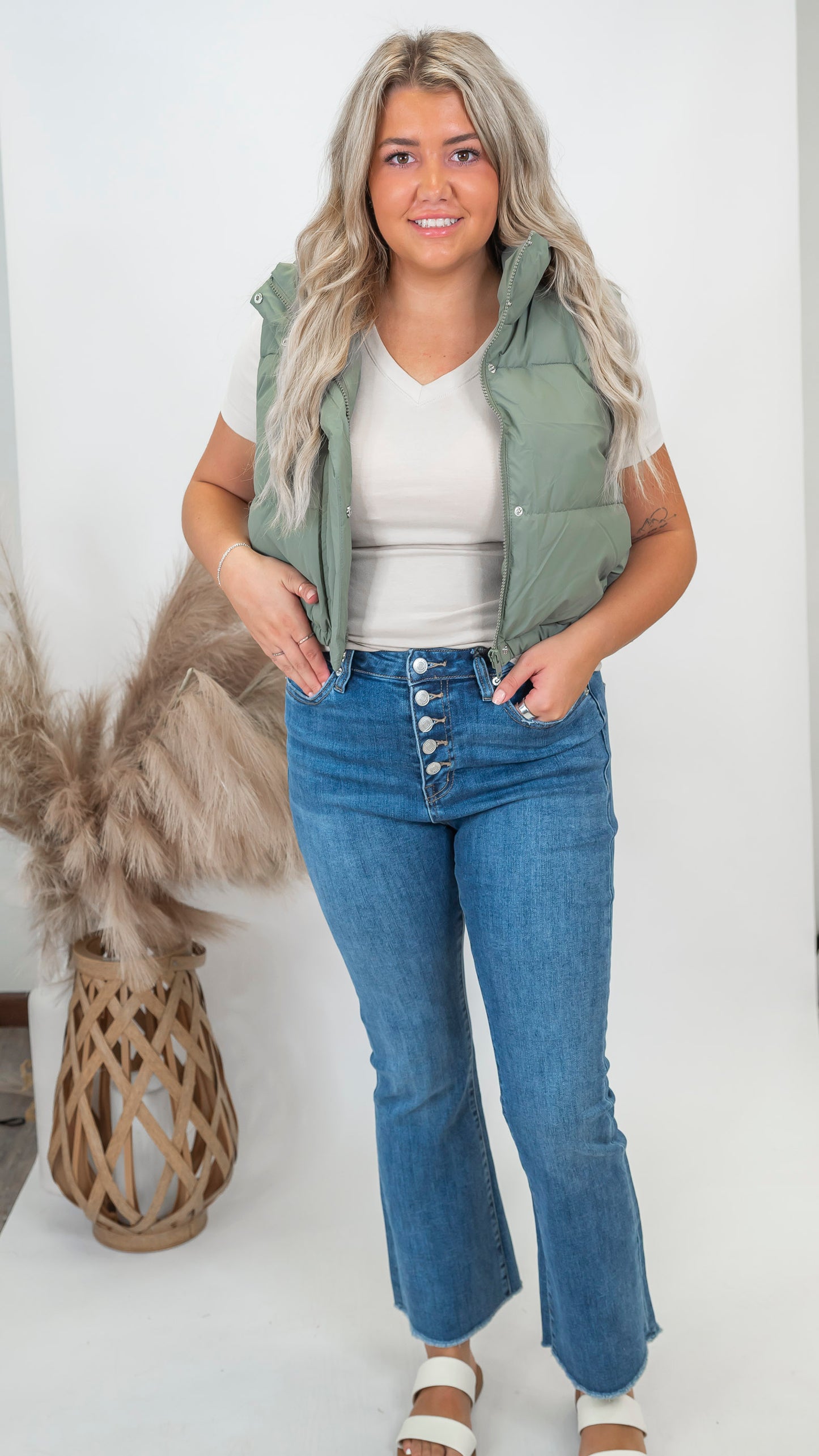 Medium Blue High Rise Crop Button Up Flare Denim Jean | MICA