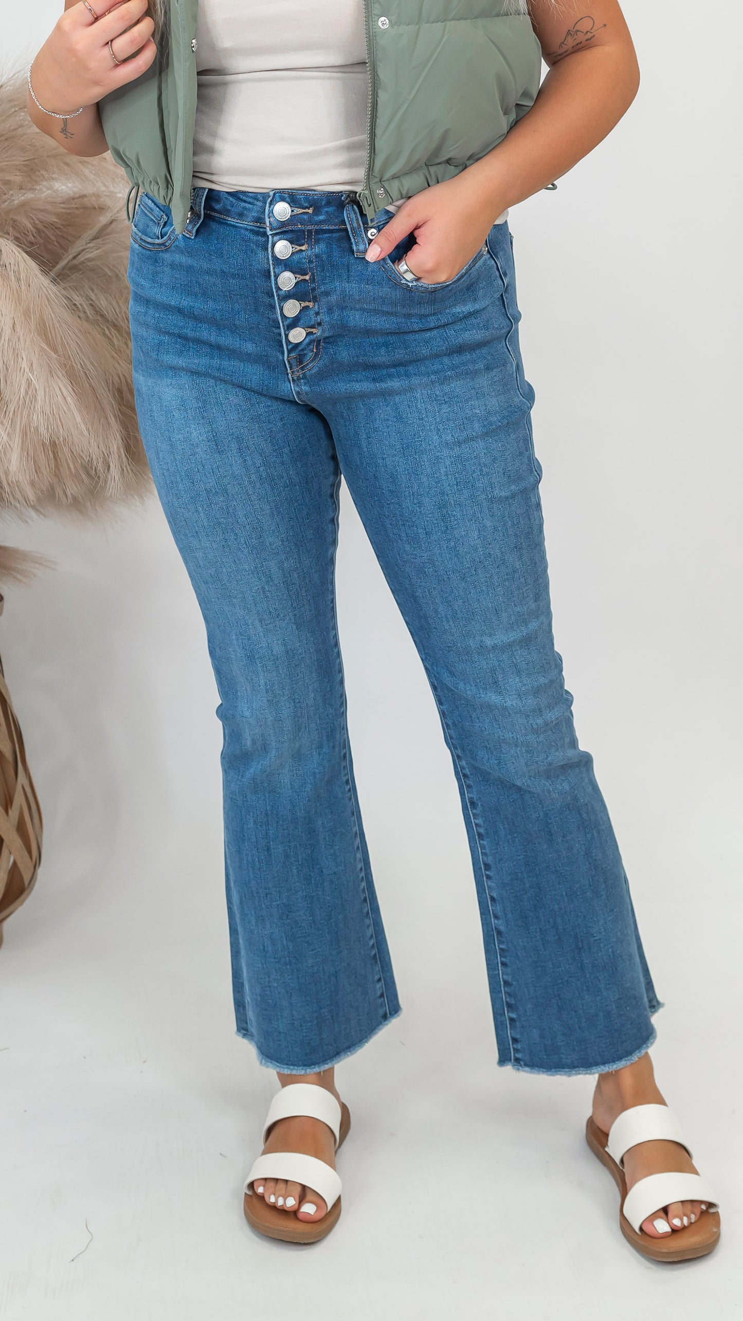 Medium Blue High Rise Crop Button Up Flare Denim Jean | MICA