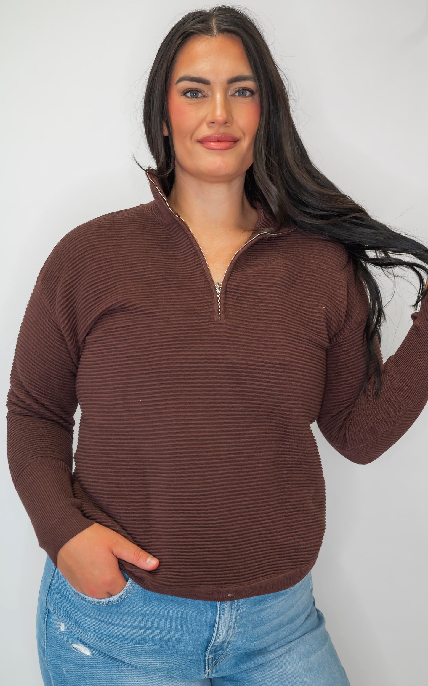 On Repeat Brown Half-Zip Pullover | SALTY WAVE