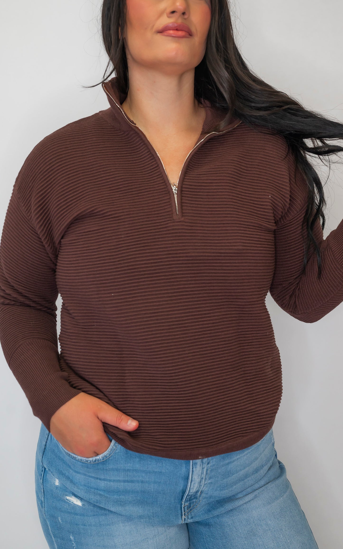 On Repeat Brown Half-Zip Pullover | SALTY WAVE