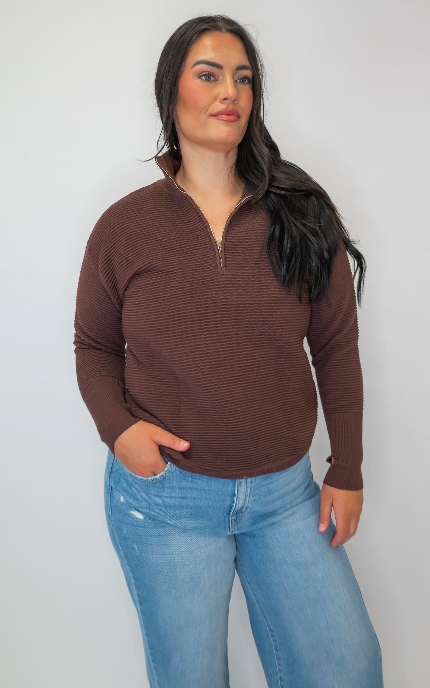 On Repeat Brown Half-Zip Pullover | SALTY WAVE