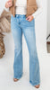 Jacquart High Rise Criss Cross Flare Denim Jean | MICA