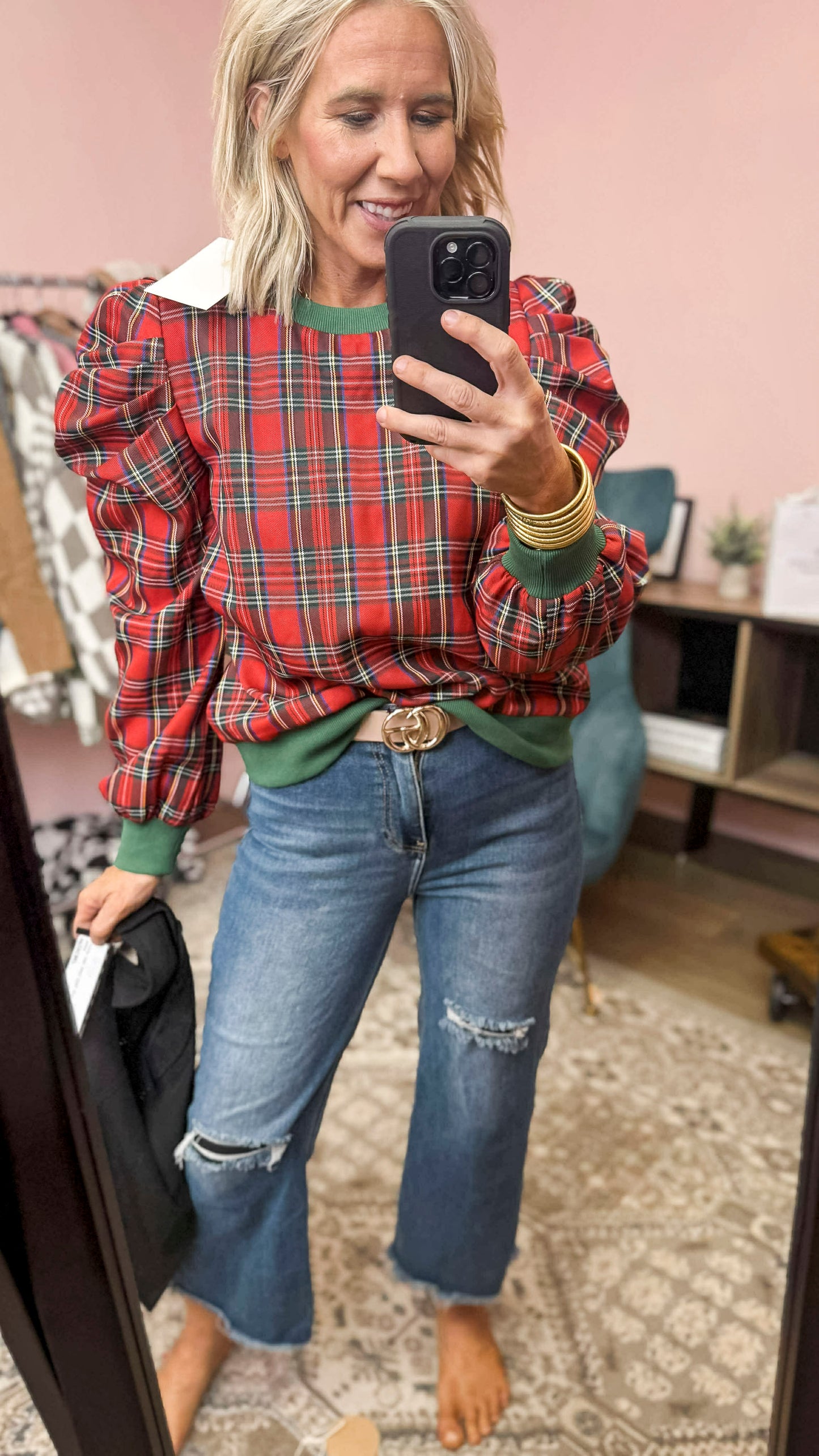 Christmas Plaid Puffed Shoulder Top (2 COLORS) | LOVLOV *LA LIVE PREORDER **