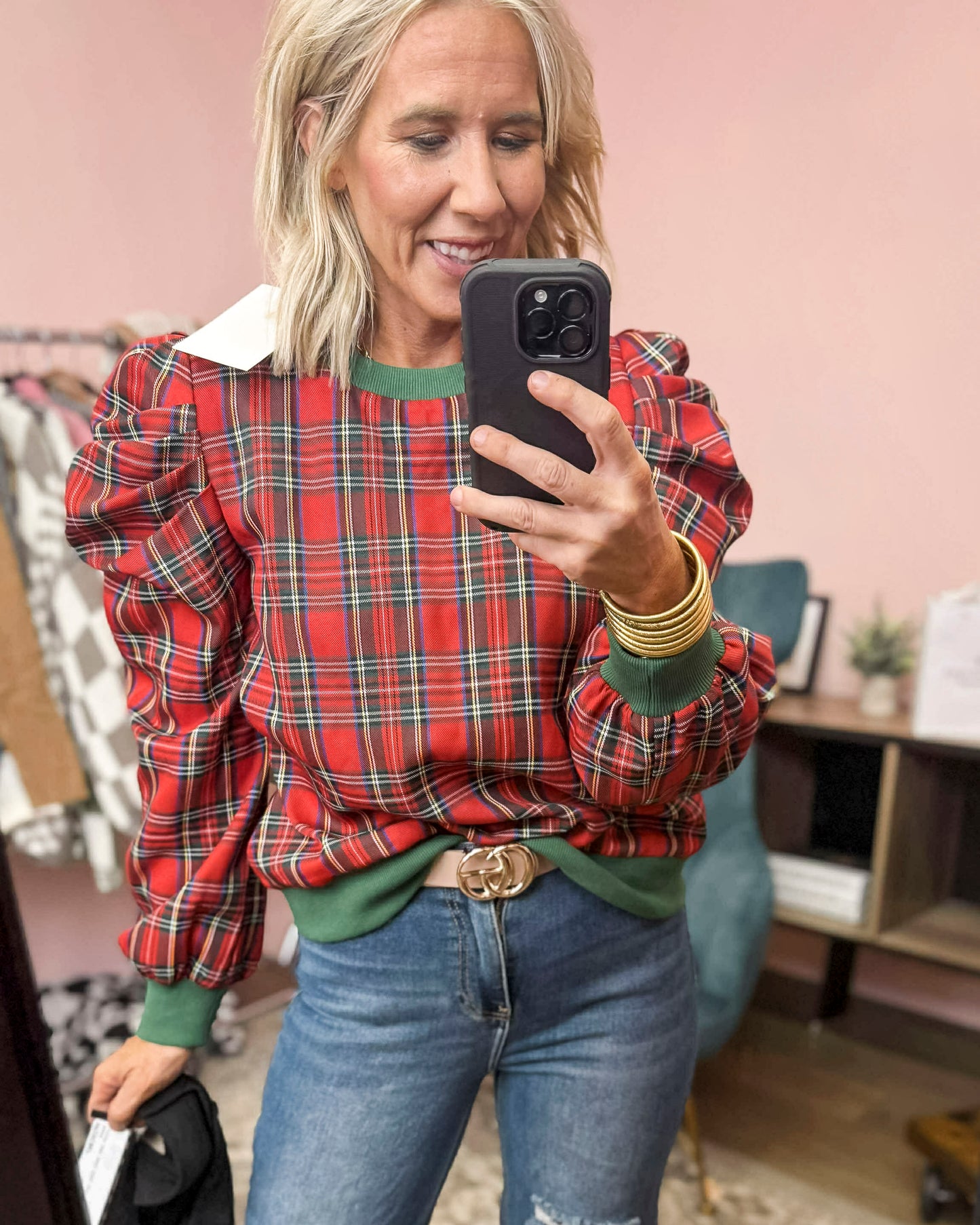 Christmas Plaid Puffed Shoulder Top (2 COLORS) | LOVLOV *LA LIVE PREORDER **