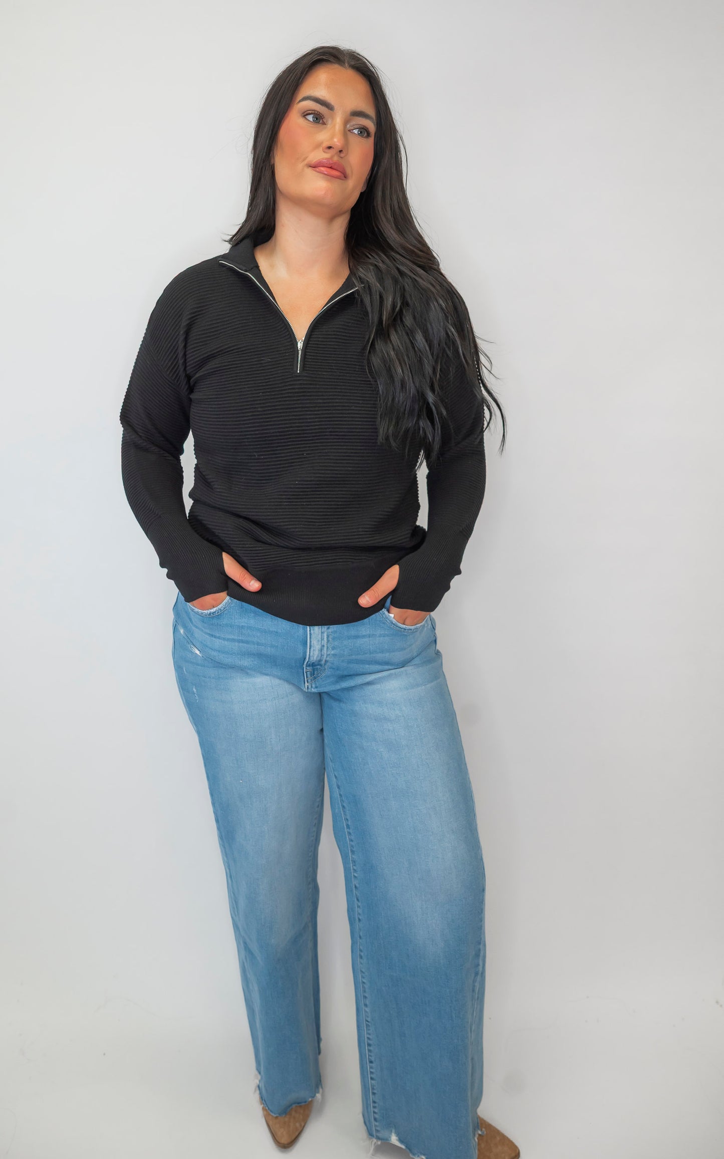 On Repeat Black Half-Zip Pullover | SALTY WAVE