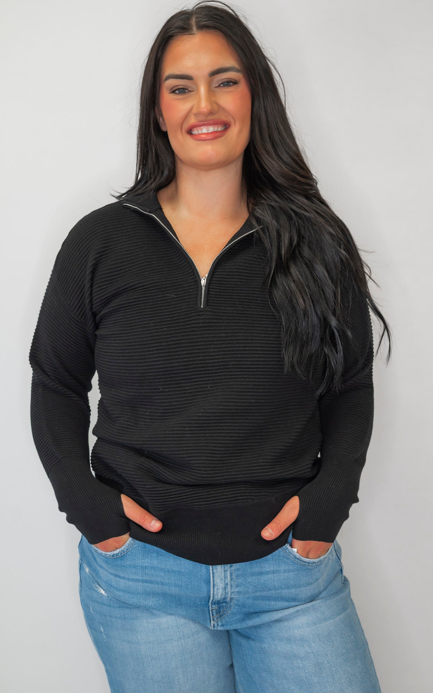 On Repeat Black Half-Zip Pullover | SALTY WAVE