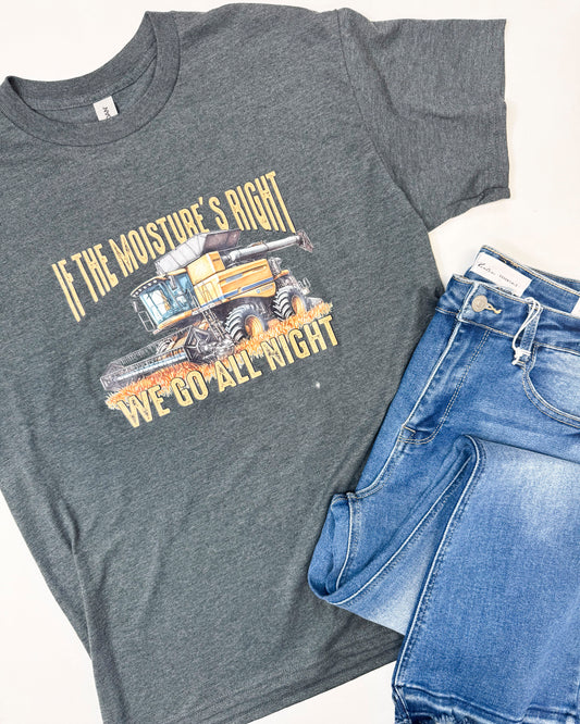 Gray t-shirt with a graphic design and jeans on a white background