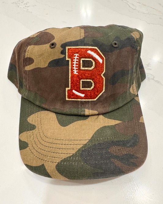 Sara's Custom Camo Varsity Patch B Trucker Hat