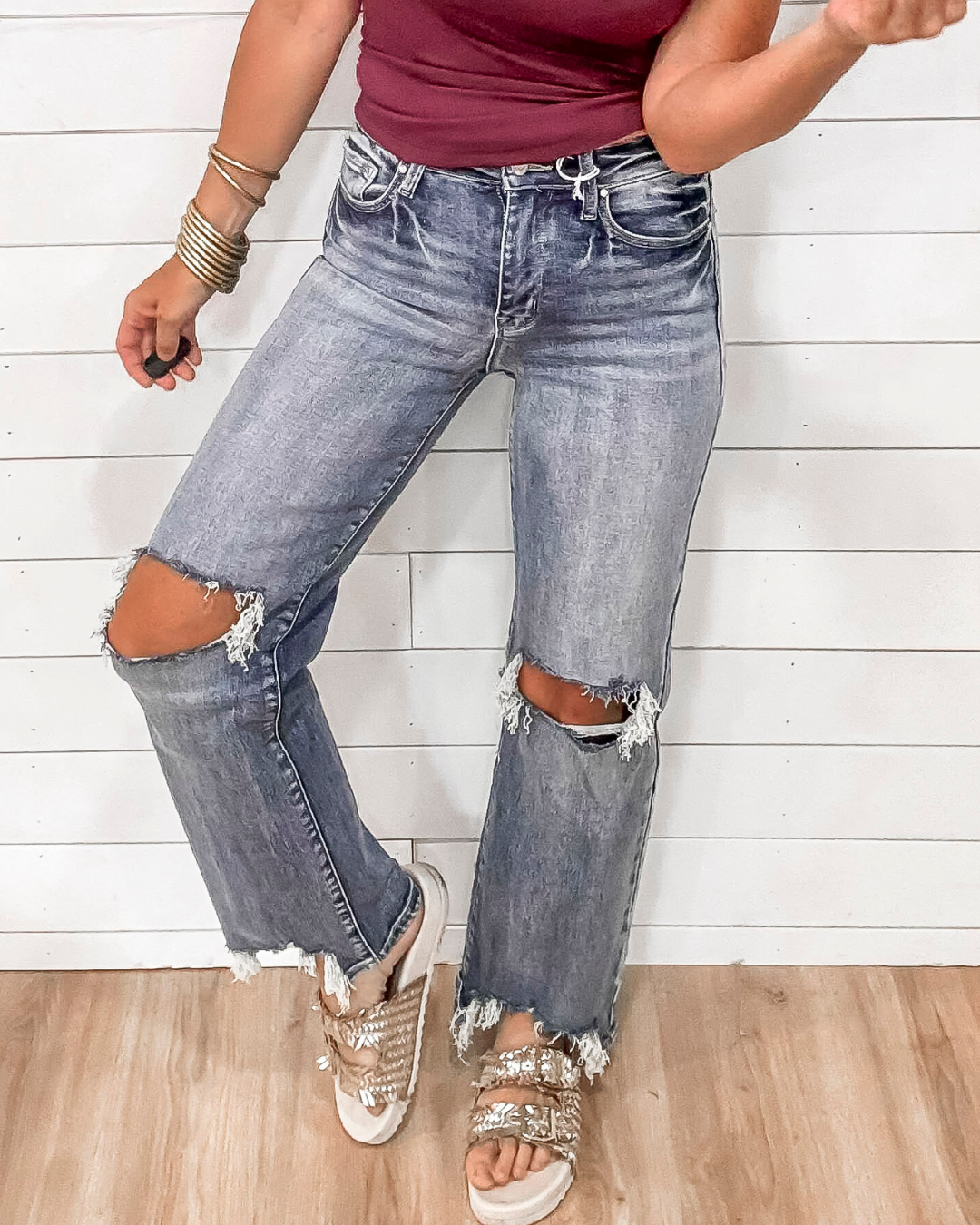 High Rise Stretch Slim Wide Leg W/ Destroyed Hem Denim Jeans