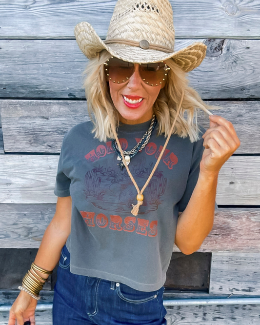 Hold Your Horses Garment Dyed Graphic Boxy Crop T-shirt
