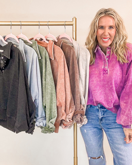 The Jennie Acid Wash Fleece Button Up Collared Pullover | ZENANA (7 COLORS) - Final Sale