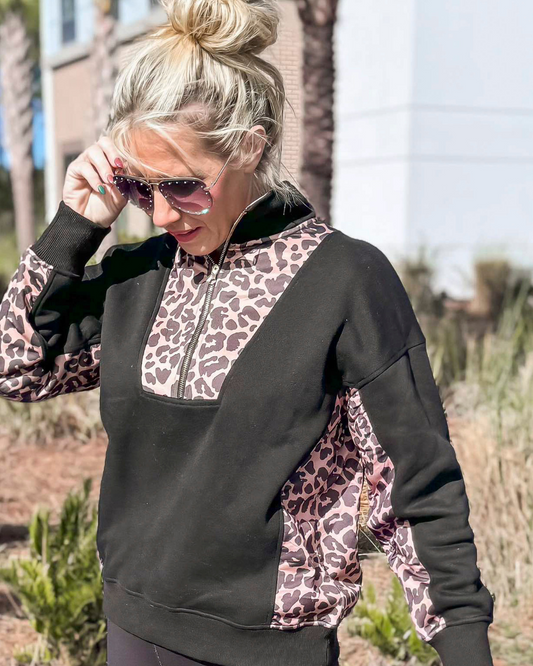 Leopard Colorblock Quarter Zip Pullover | SALTY WAVE