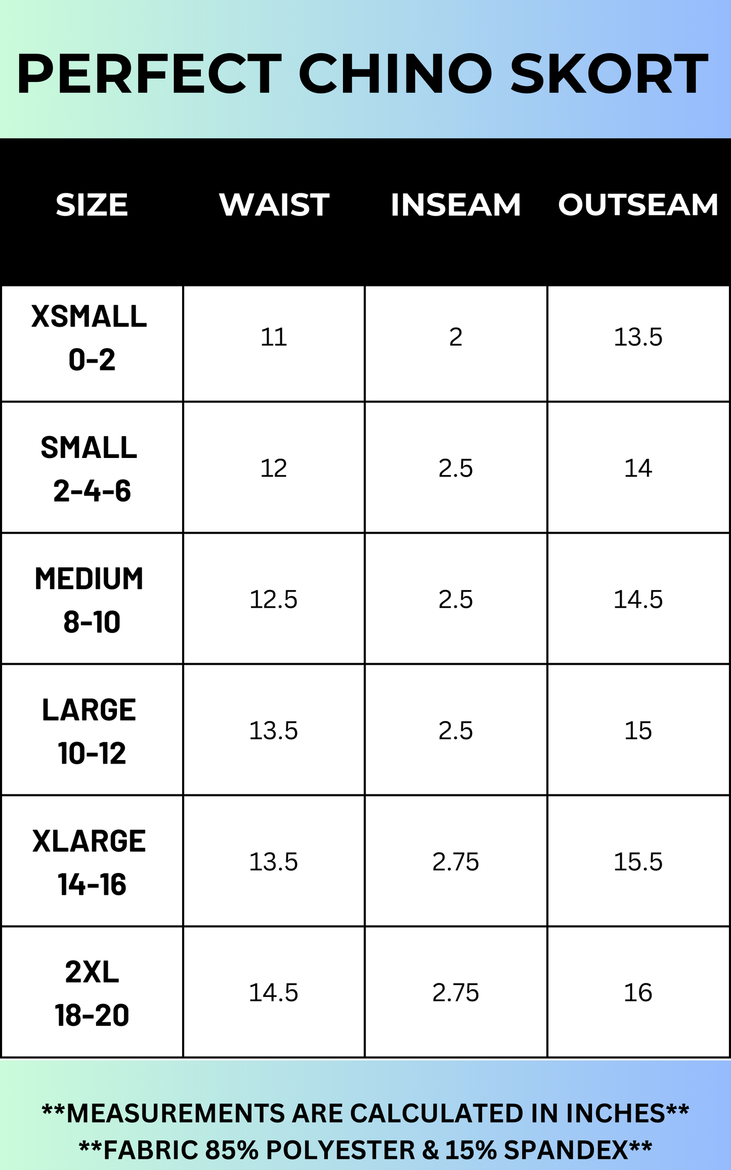 Size guide of the chino skort