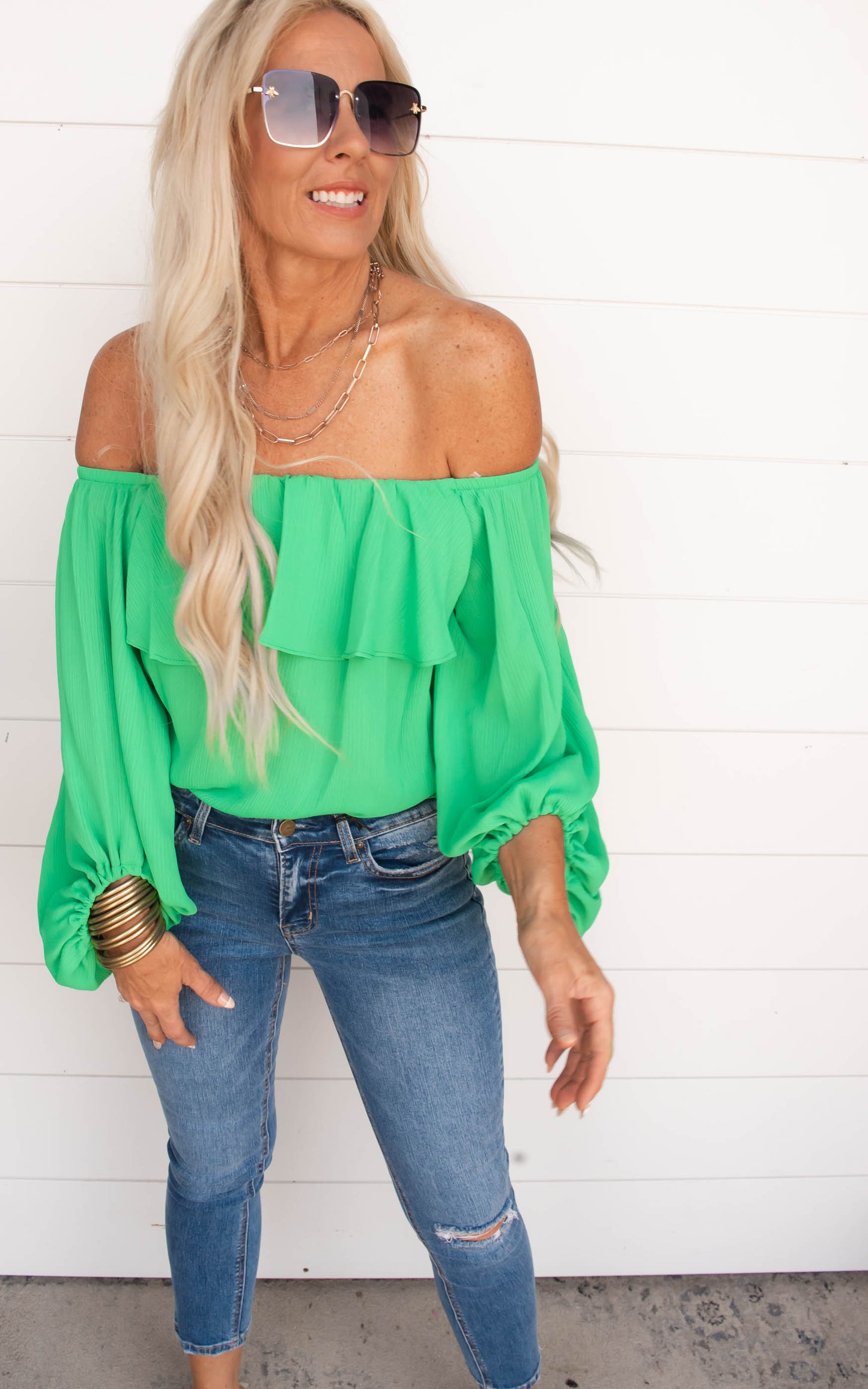 green off the shoulder top