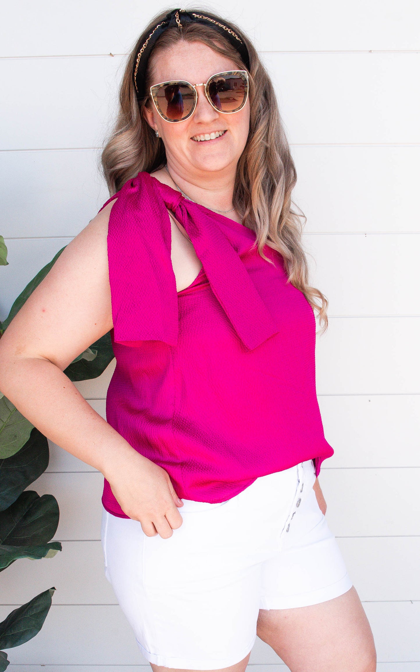 The Addison Fuchsia Satin One Shoulder Top - Final Sale
