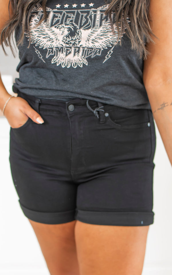 The Mila Tummy Control Black Denim Shorts (REG/CURVY) | JUDY BLUE