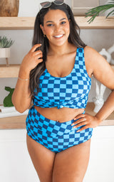 Traveler Check Knotted Front Swim Top | Blue (TOP ONLY)