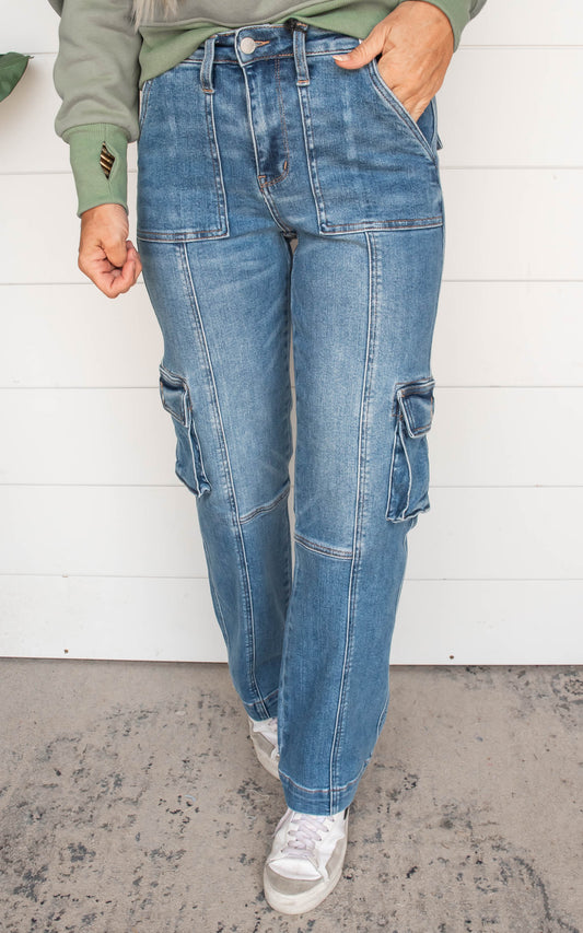 High Waist Cargo Denim Wide Leg Jeans