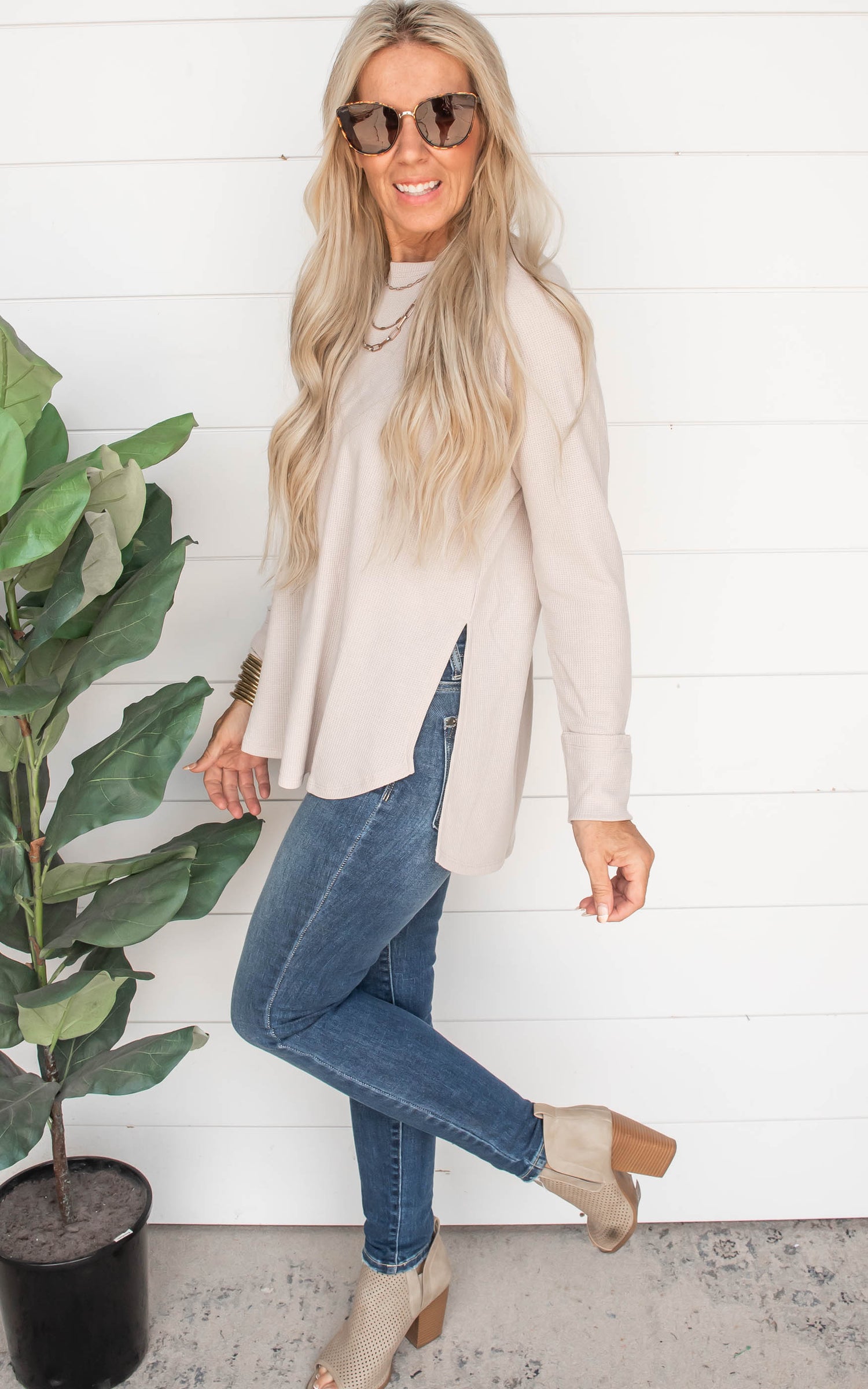 SAND BEIGE Melange Waffle Long Sleeve Top