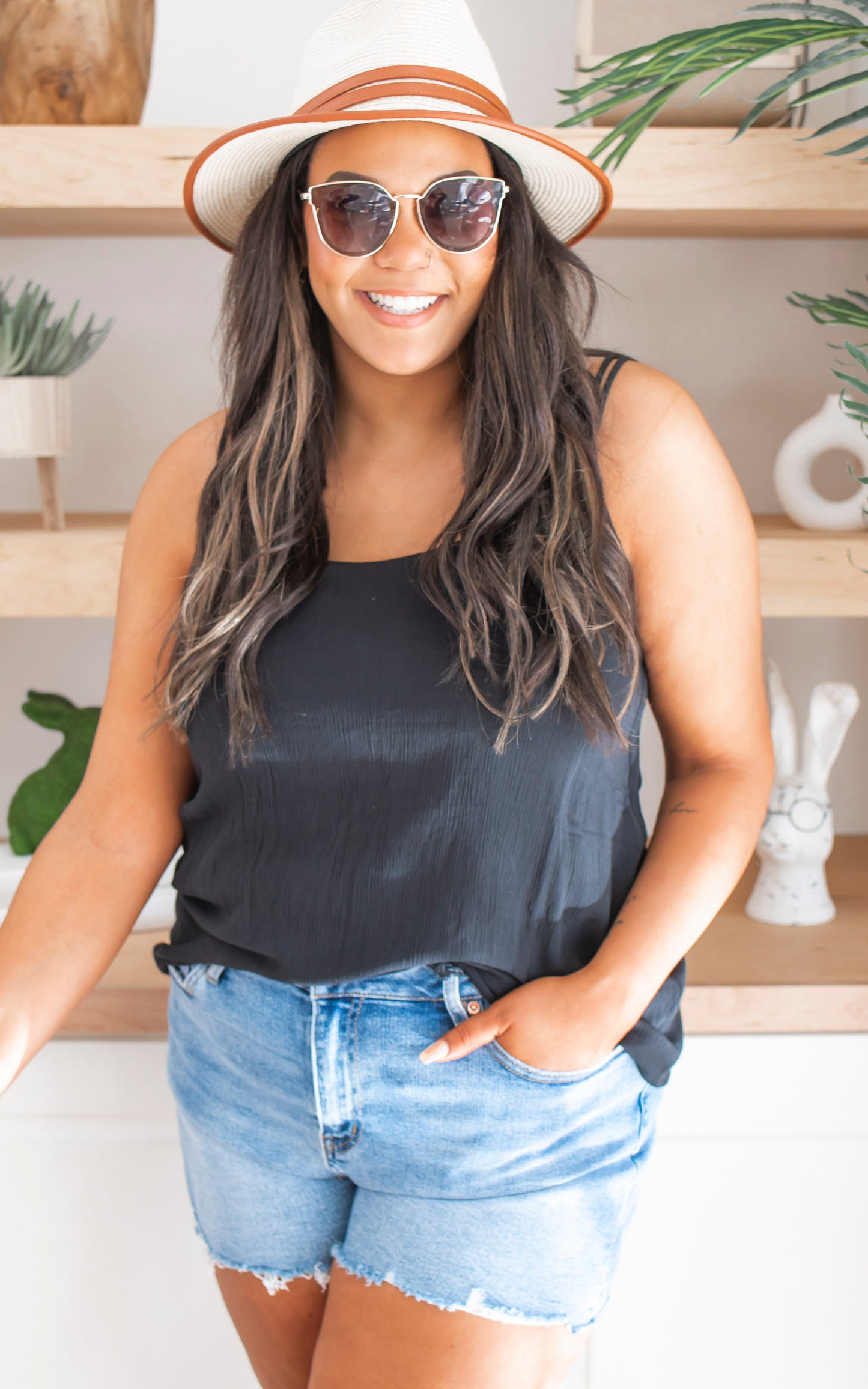 Woven Crinkle Double Spaghetti Strap V-Neck Cami Top - Final Sale**
