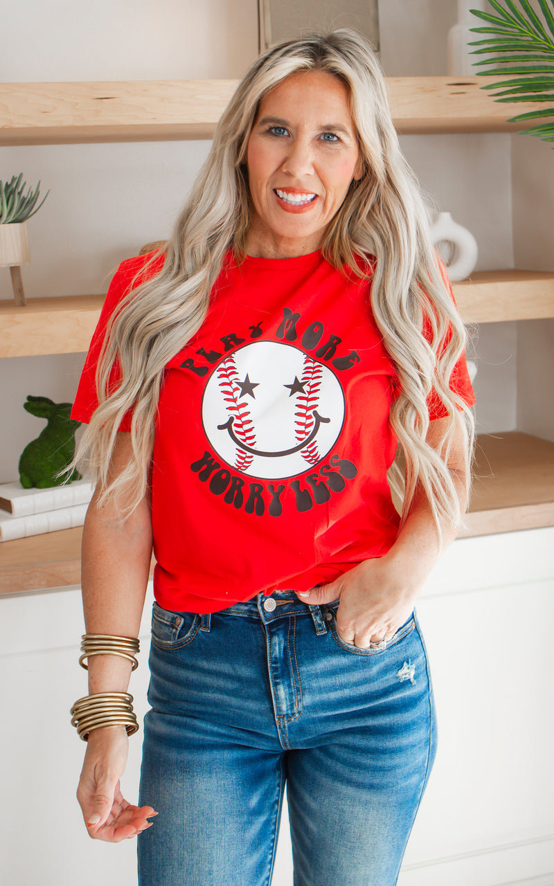 Red Play More Worry Less Baseball Graphic T-shirt