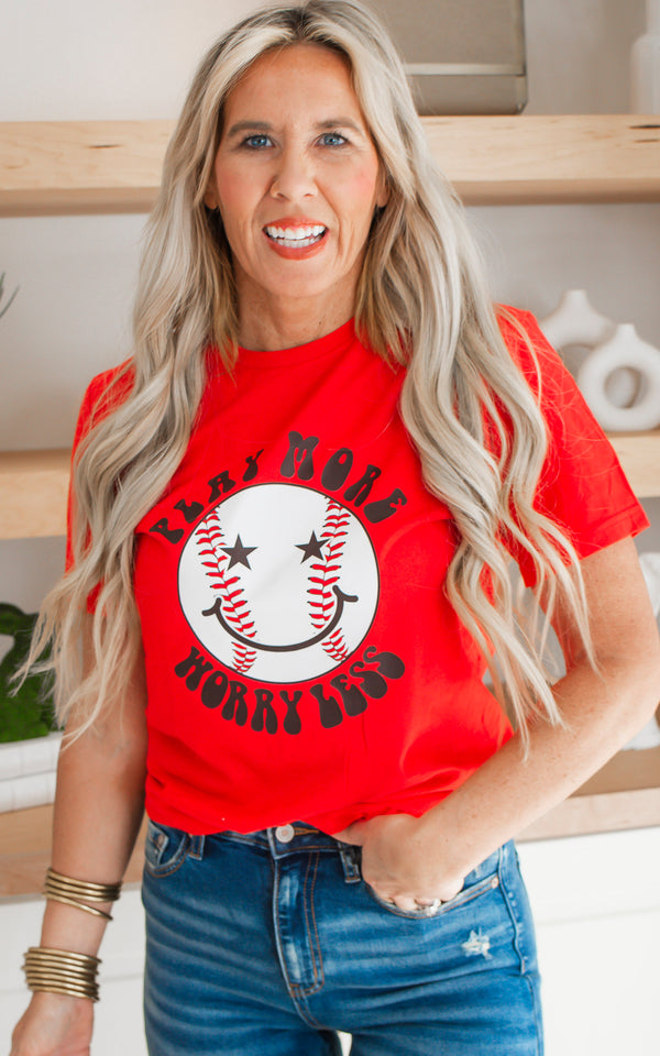Red Play More Worry Less Baseball Graphic T-shirt