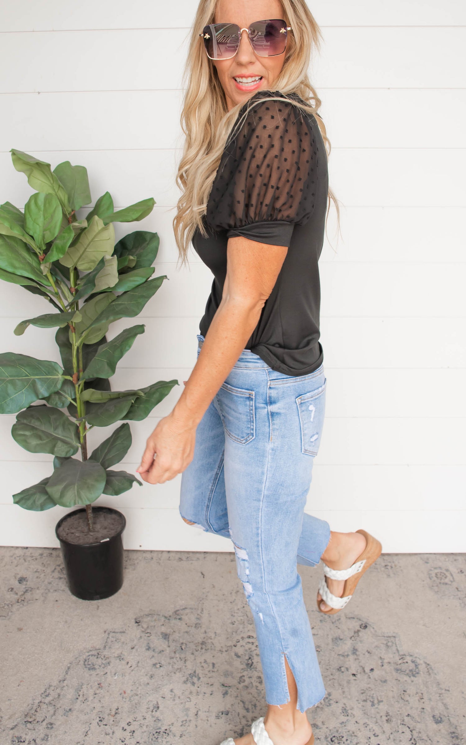 black swiss dot top