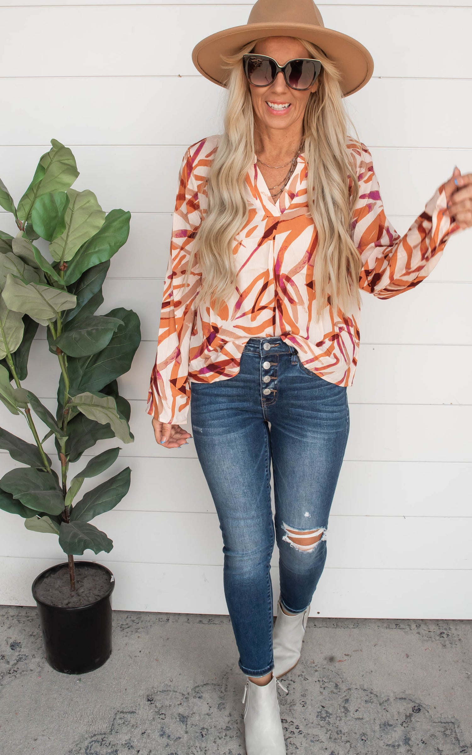 Shades of Rust Printed Button Down Blouse Top