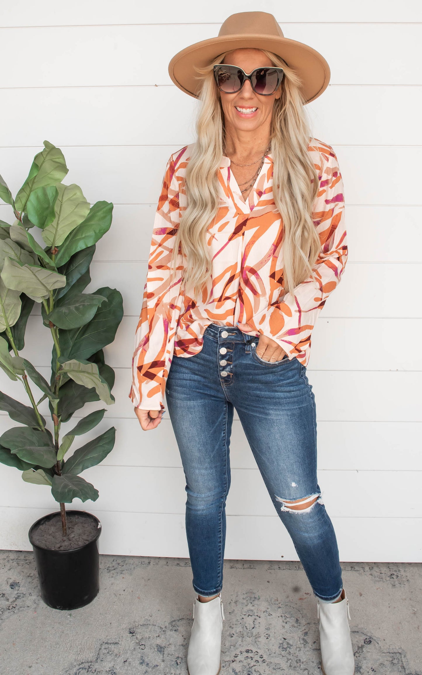 Shades of Rust Printed Button Down Blouse Top