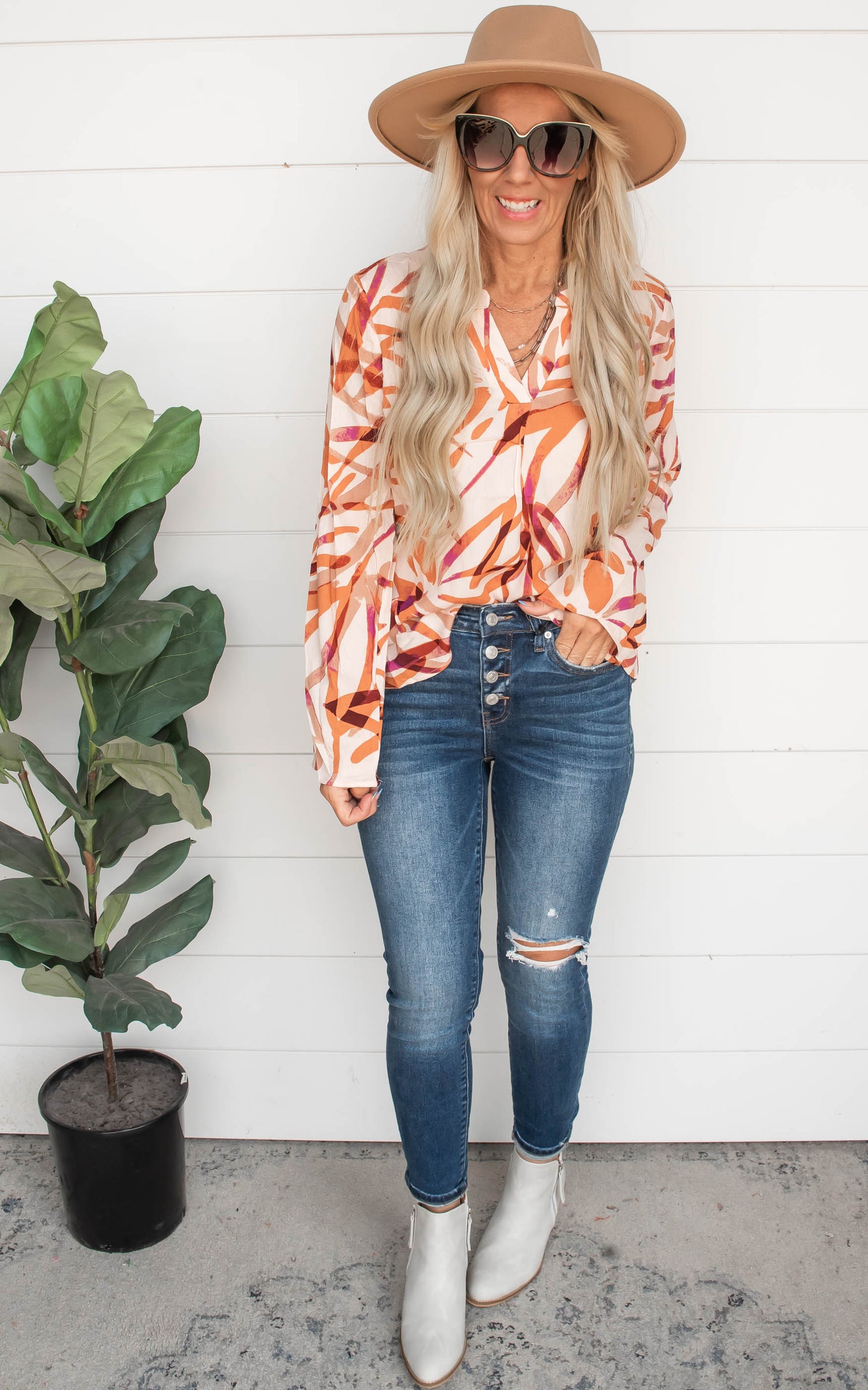 Shades of Rust Printed Button Down Blouse Top
