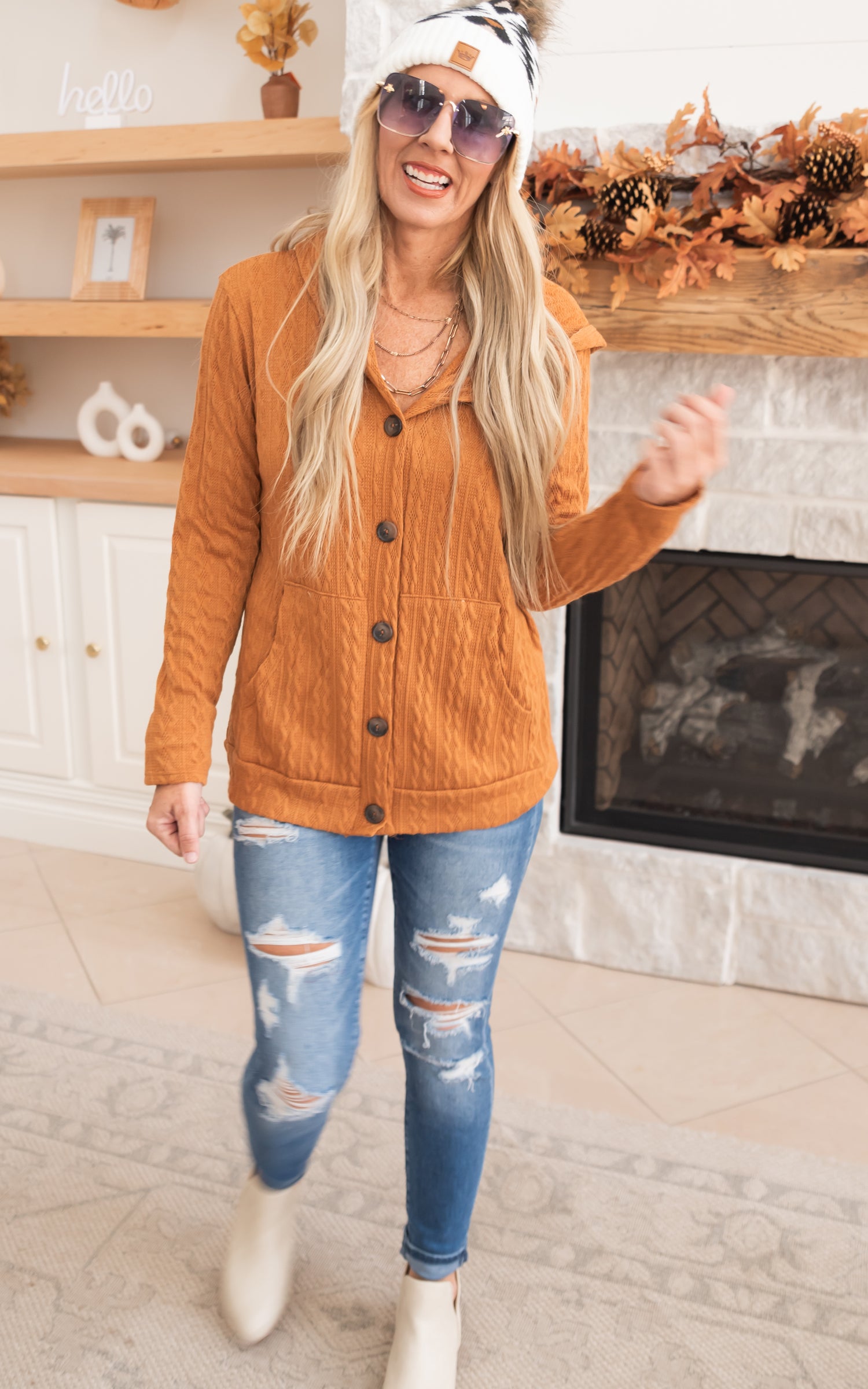 Cable Knit Button Up Hooded Cardigan