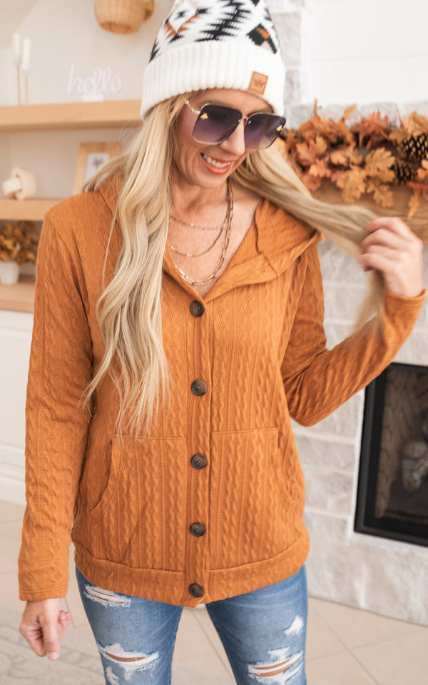 CARAMEL Cable Knit Button Up Hooded Cardigan