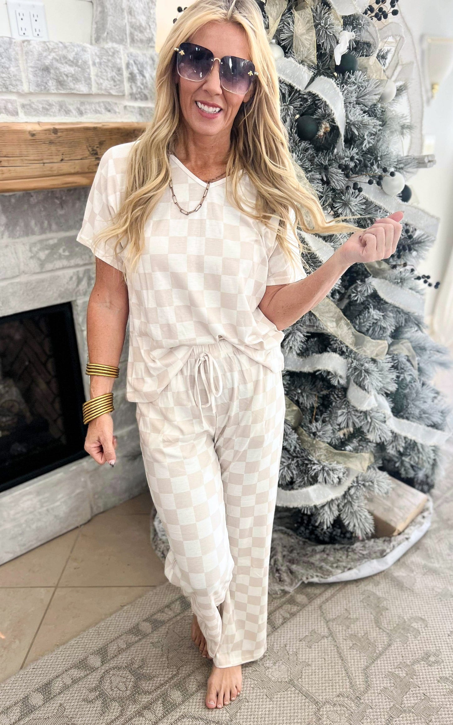 Mocha Checkered Pant Pajama Set by Salty Wave**DEAL