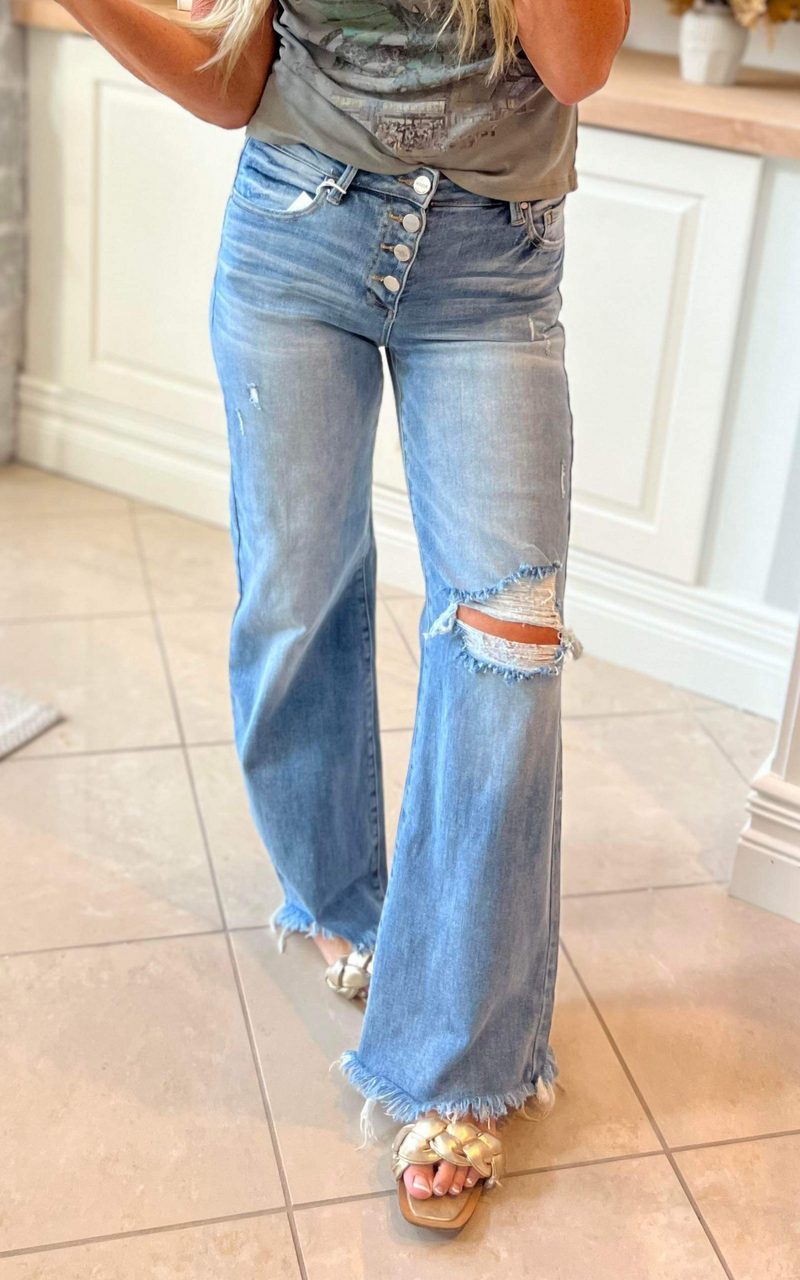 Mid Rise Button Down Wide Leg Denim Jeans | Risen - Final Sale