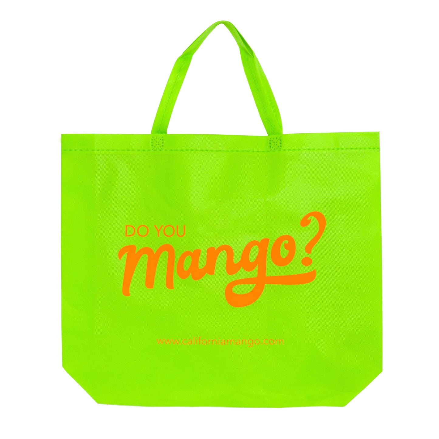 Neon green tote bag with 'Do You Mango?' text on a white background