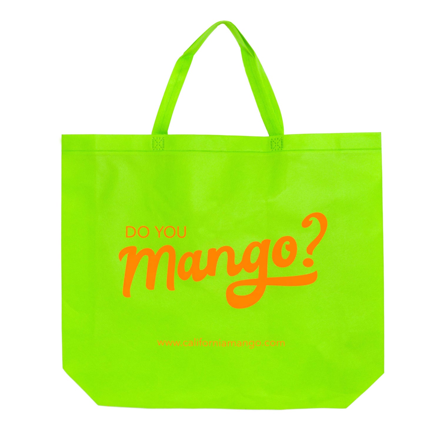 Neon green tote bag with 'Do You Mango?' text on a white background