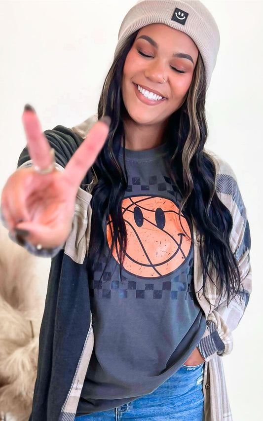 Checked Basketball Garment Dyed Graphic T-shirt