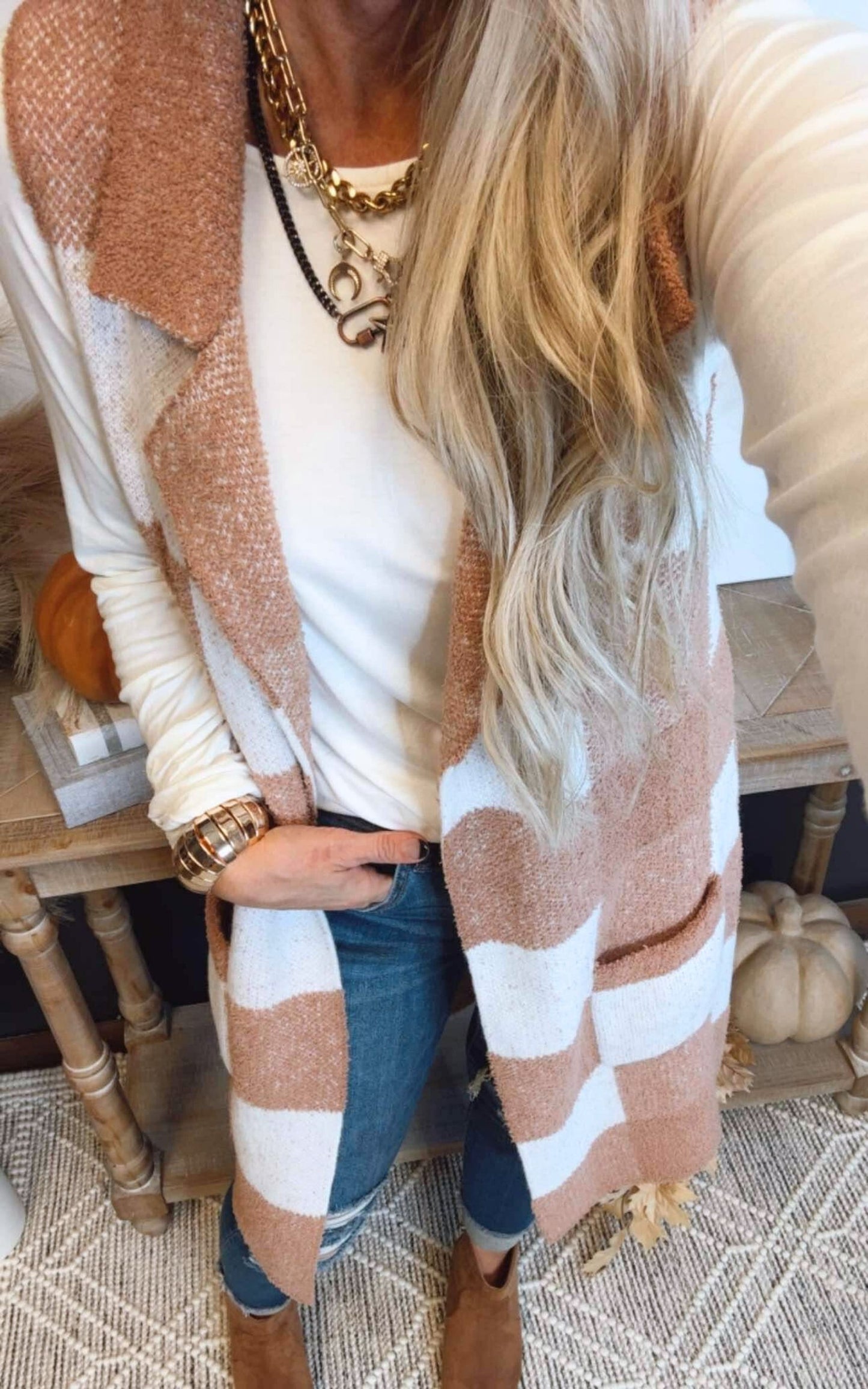 Mocha Checked Long Sweater Vest | SALTY WAVE