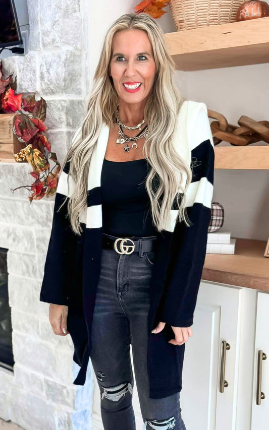Colorblock Hooded Sweater Long Cardigan**