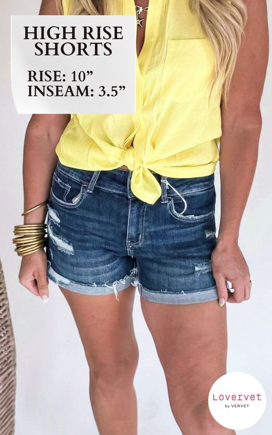 LOVERVET | Deepen Sky High Rise Double Button Cuff Denim Shorts - Final Sale