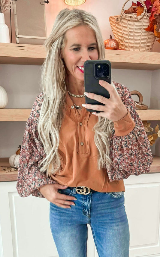 Cinnamon Mixed Fabric Button Top