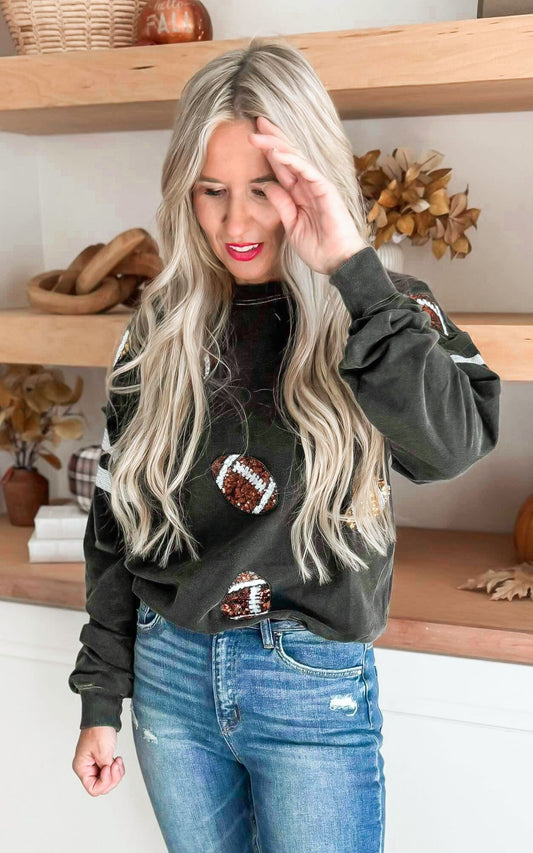 Sequin Football Long Sleeve Solid Knit Pullover