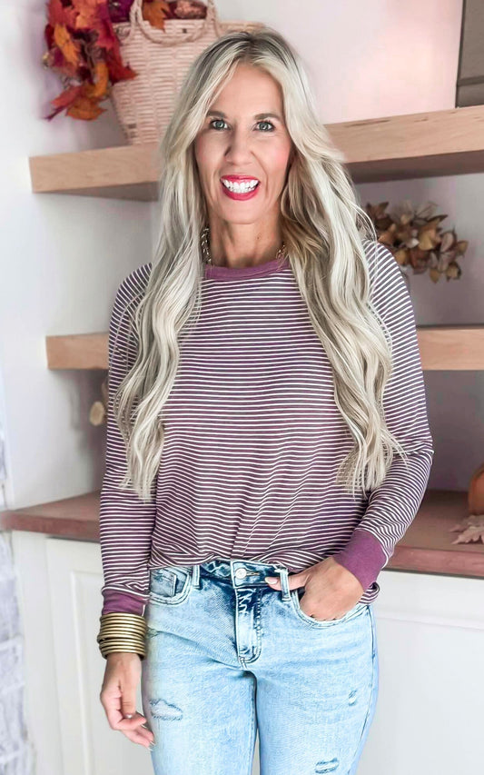 Lt Plum Stripe Long Sleeve Top