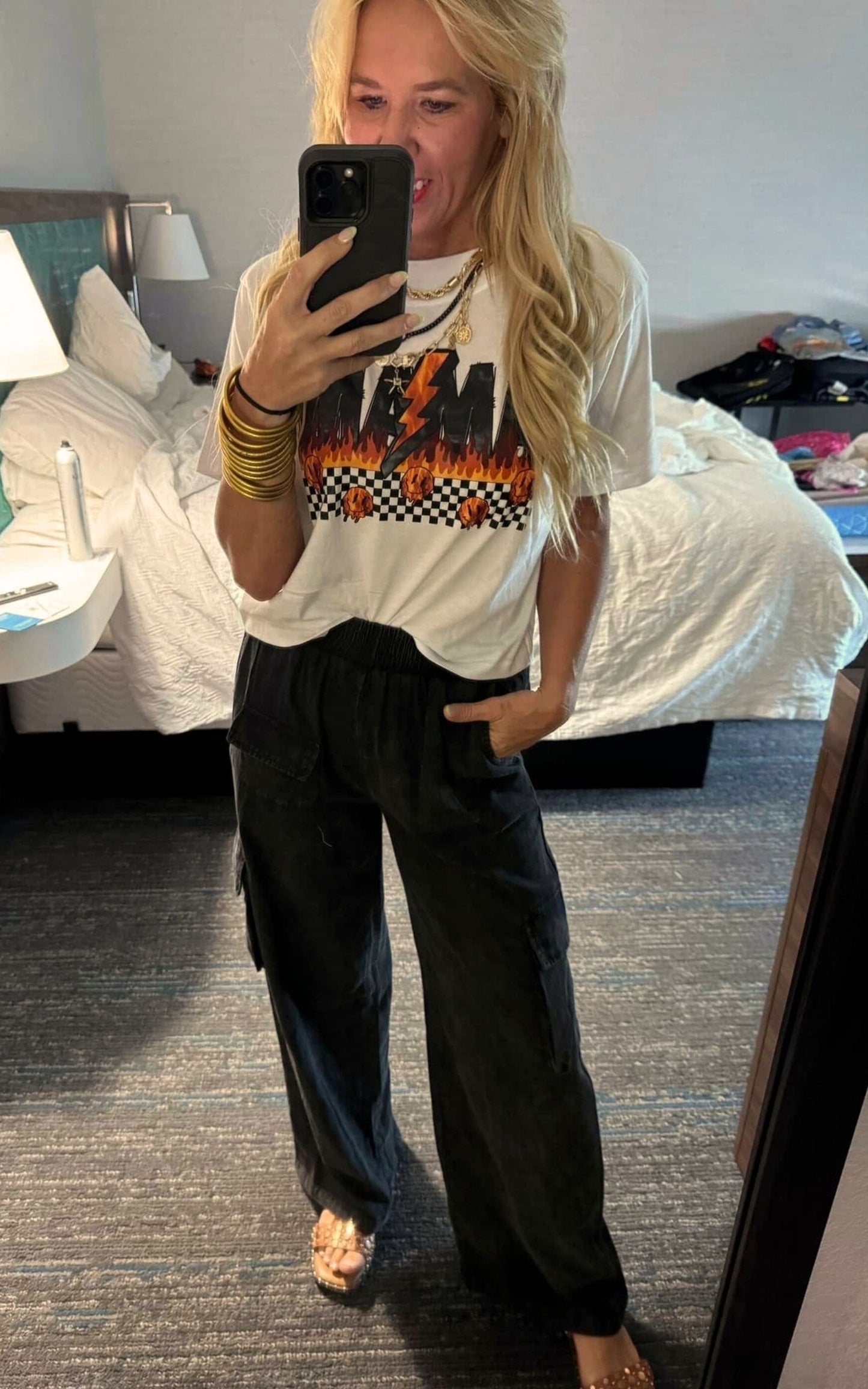 Mama on Fire Check Graphic Crop T-Shirt
