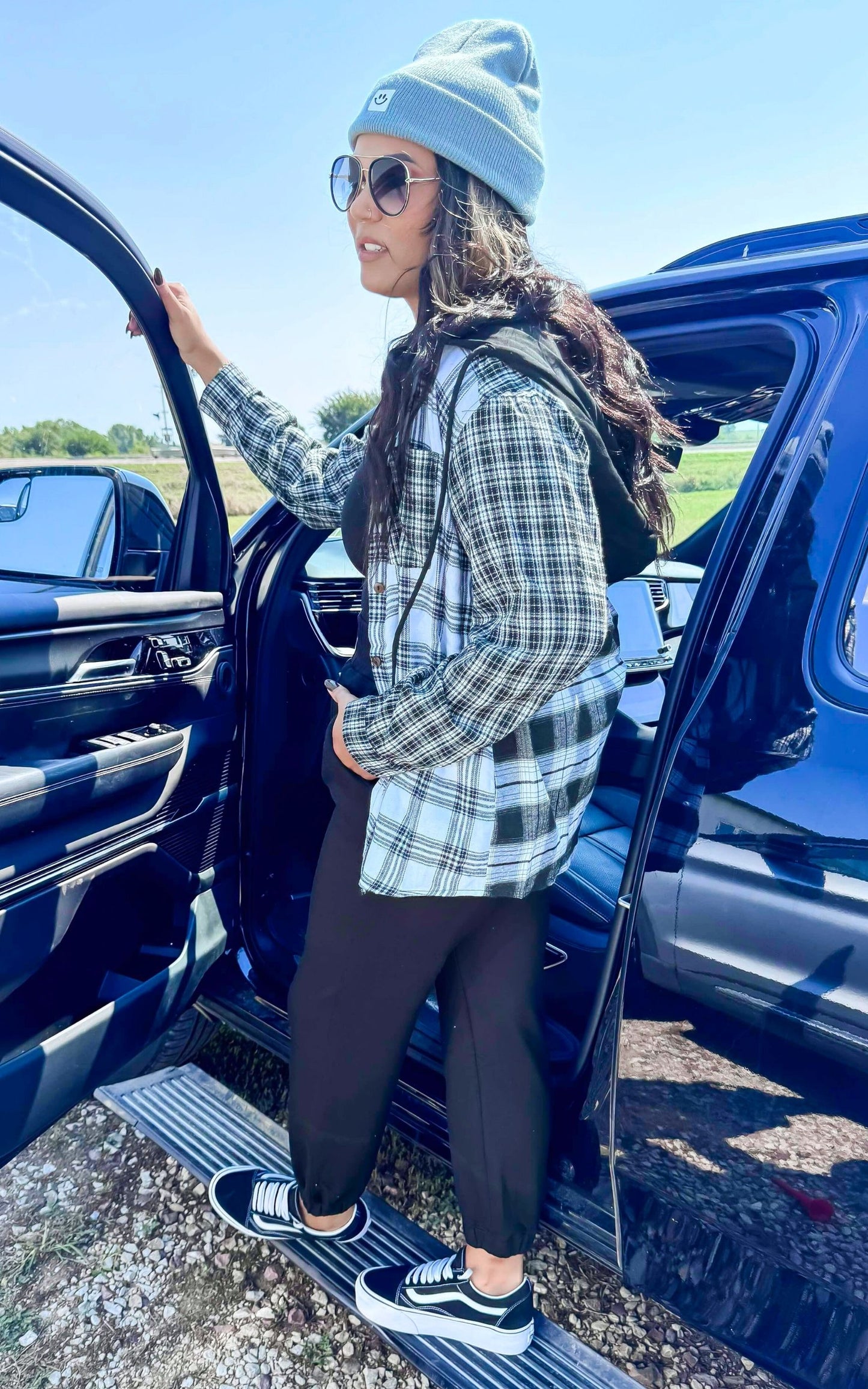 Black Hooded Contrast Plaid Jacket