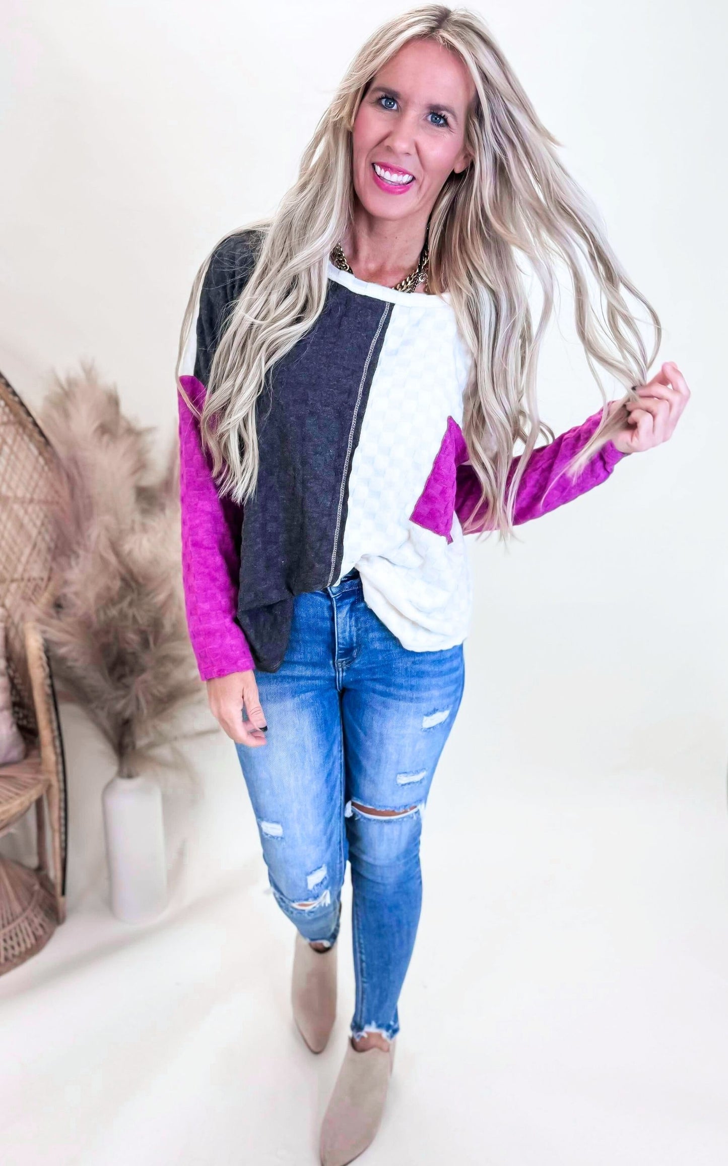 Black Magenta Brush Checker Board Sweater Top - Final Sale