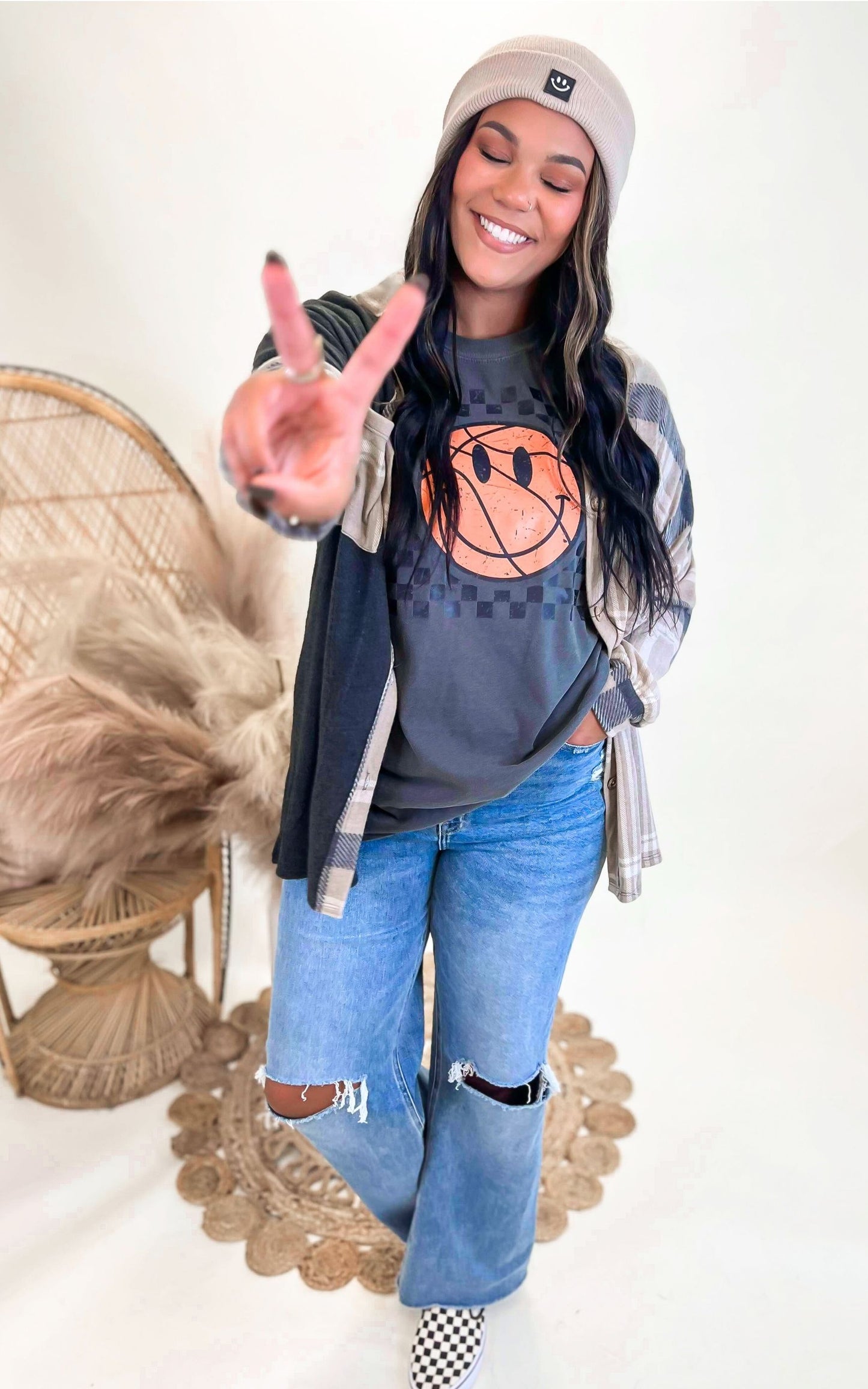 Checked Basketball Garment Dyed Graphic T-shirt