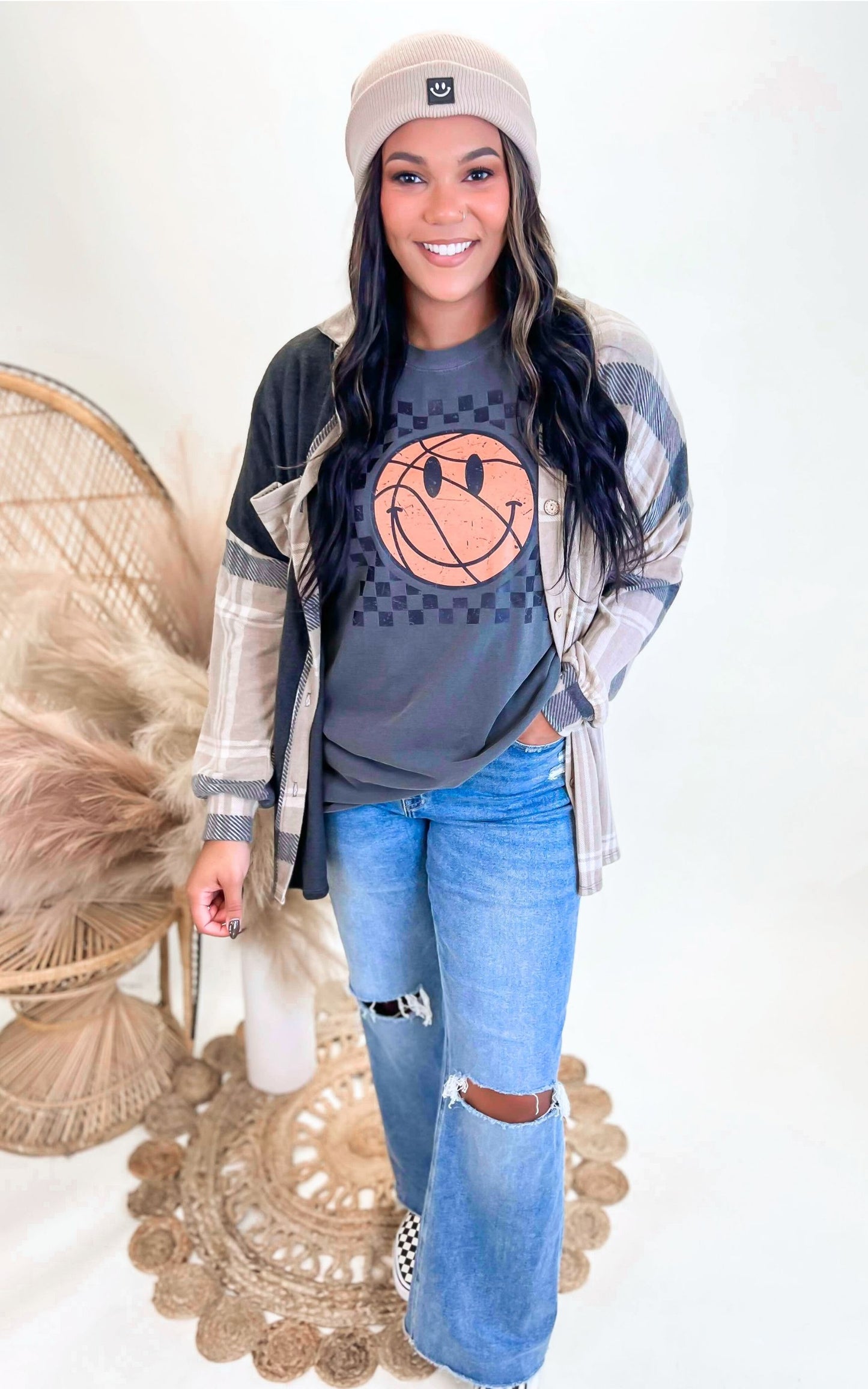 Checked Basketball Garment Dyed Graphic T-shirt